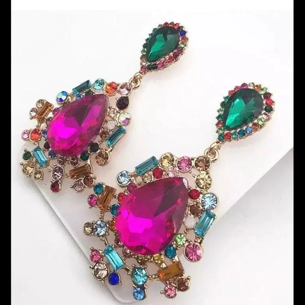💎Fashion Pink Crystal Rhinestone Teardrop Drop Dangle Earrings - Picture 3 of 3